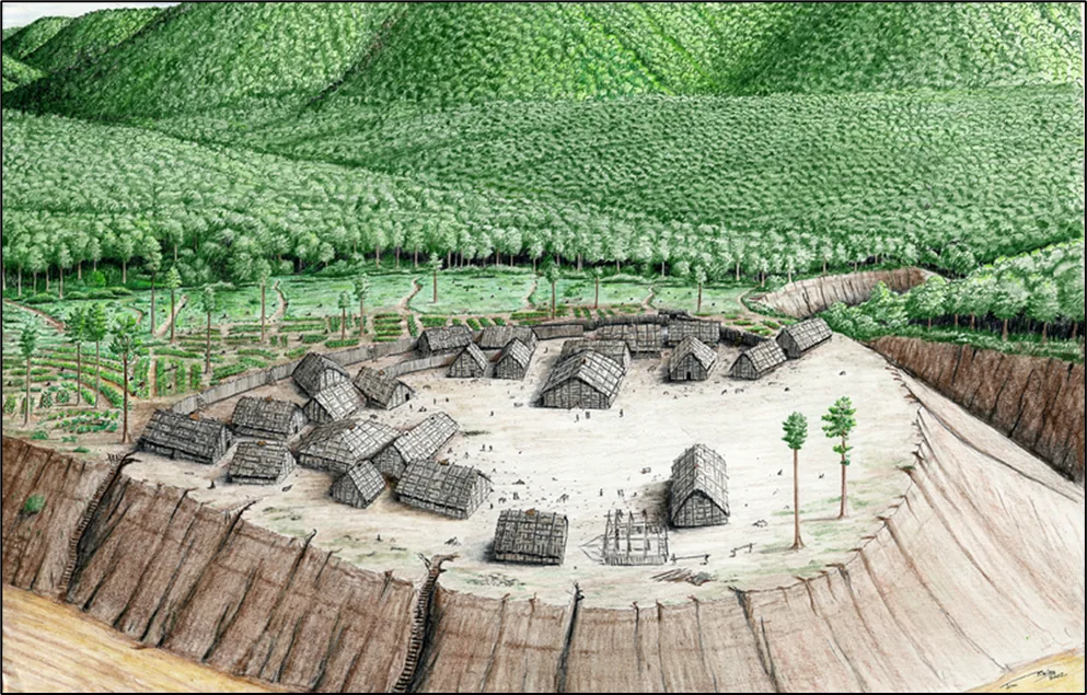 Illustration of a Fort Ancient village with homes arranged around a central plaza